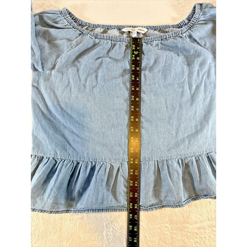 CUPCAKES & CASHMERE Shirt SZ S Blue Chambray Bishop Off Shoulder Ruffle Boxy Top - Picture 10 of 10